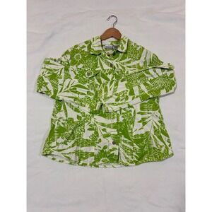 CHICO'S Size 2 L/XL Green White Floral Tropical Print Denim Style Jacket Travel